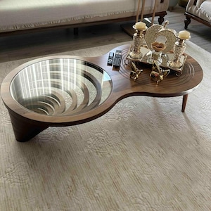 Tiefenwirkung Holz Glas Couchtisch | Tiefeneffekt Spezieller Design Couchtisch | Couchtisch mit Nussbaum Muster | Dekorativer Couchtisch