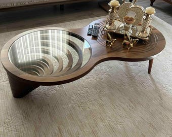3D Depth Effect Coffee Table: Walnut Wood & Tempered Glass