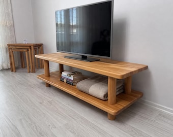 Mueble para TV de madera maciza, consola para TV de haya natural, consola multimedia de madera, mesa de centro, centro de entretenimiento hecho a mano, muebles escandinavos