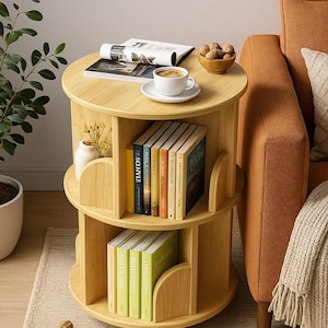 以下が含まれることがあります： 丸い三段の明るい木製の本棚で、湾曲した仕切りがあります。一番上の棚には雑誌、コーヒーカップ、ナッツのボウルがあります。本は中央と下の棚に展示されています。本棚はオレンジ色のソファの隣にあります。