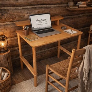 Handmade Natural Wood Computer Desk with Monitor Shelf