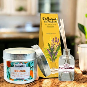 French Spa Gift Set. Candle & Diffuser. Essential Oils: Lavender, Mimosa, Orange Blossom.