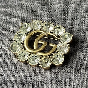 VTG Gucci GG Monogram Designer Vintage Golden Brooch Rhinestones Around Pin GG Logo Stamp