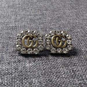 VTG Gucci GG Monogram Designer Vintage Golden Earrings Rhinestones Studs GG Logo