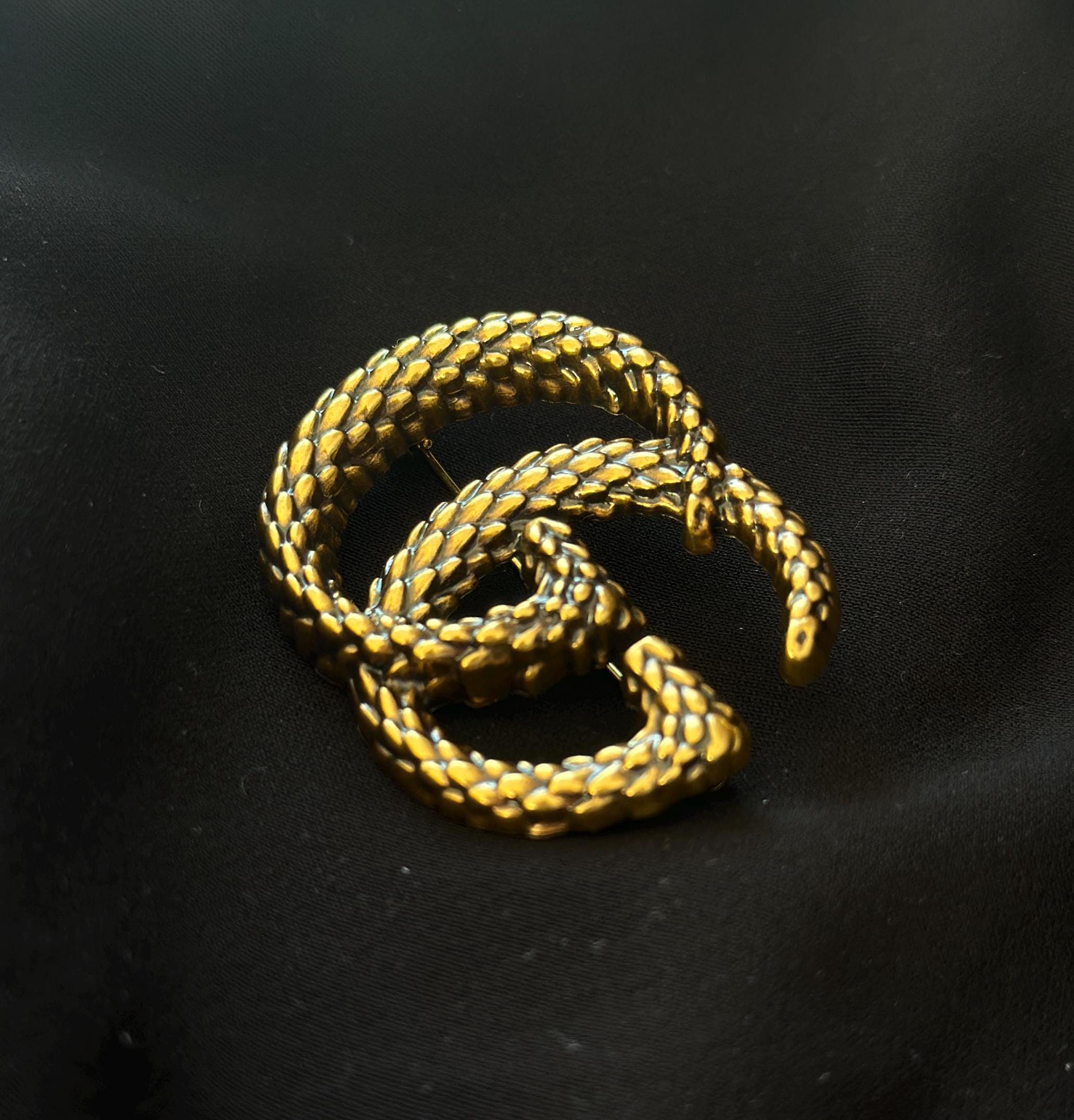 VTG Gucci Vintage GG Dark Gold Snake Skin Brooch Steel Logo Monogram 1.9"