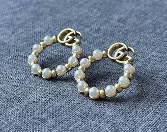 VTG Gucci GG Monogram Designer Vintage Golden Earrings White Pearls Studs GG Circle Logo