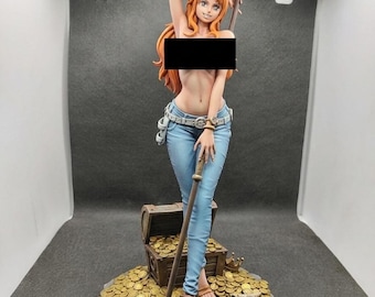 May include: A collectible anime-style figurine of a female character with long orange hair, wearing light blue jeans and brown sandals. She holds a long staff and stands on a circular base covered in gold coins, a treasure chest, and a scroll.