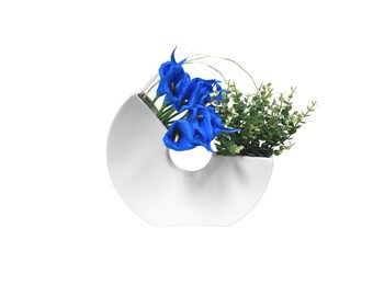Ceramic Crescent Vase: Blue Calla Lilies & Greenery Arrangement