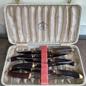 Latham & Owen Excalibur Sheffield England Präsentation Stag Handle Steakmesser Set im Original-Etui