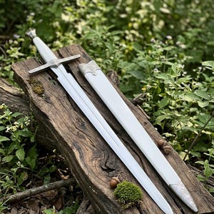Può includere: Una spada bianca con guardia e pomo argentati è appoggiata su una tavola di legno stagionato. La spada è accompagnata da un fodero bianco con dettagli argentati decorativi. Lo sfondo presenta un rigoglioso fogliame verde.