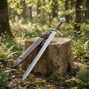 Faithkeeper Sword of the Knights Templar replica featuring a high carbon steel blade, leather grip, and engraved crossguard with scabbard.