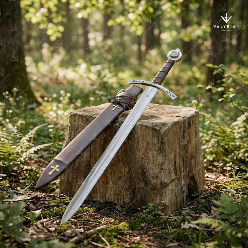 Faithkeeper Sword of the Knights Templar replica featuring a high carbon steel blade, leather grip, and engraved crossguard with scabbard.