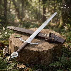 Faithkeeper Sword of the Knights Templar replica featuring a high carbon steel blade, leather grip, and engraved crossguard with scabbard.