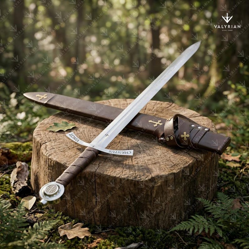 Faithkeeper Sword of the Knights Templar replica featuring a high carbon steel blade, leather grip, and engraved crossguard with scabbard.