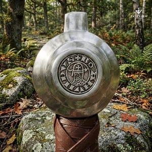 Faithkeeper Sword of the Knights Templar replica featuring a high carbon steel blade, leather grip, and engraved crossguard with scabbard.