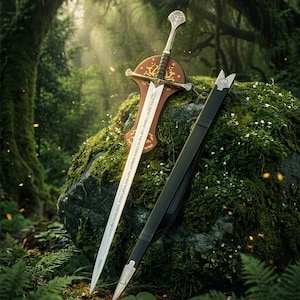 May include: A fantasy sword with a silver blade and ornate handle, displayed on a wooden plaque. The sword is accompanied by a black sheath. The scene is set in a lush forest with moss-covered rocks and ferns, creating a mystical atmosphere.