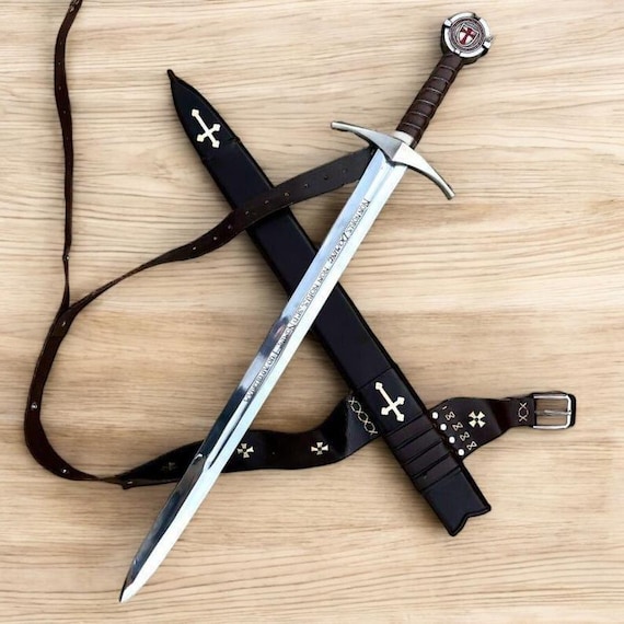 Personalized Templar Sword with Scabbard - Custom Medieval Crusader Knight Gift - Engraved Accolade Replica