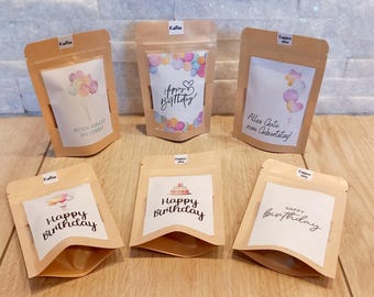 Geburtstagswünsche 2, Happy Birthday, Glückwunsch, Kaffee, Cappuccino,  Tee oder Kakao mit Sprüchen. Geschenktütchen, Getränke mit Sprüchen