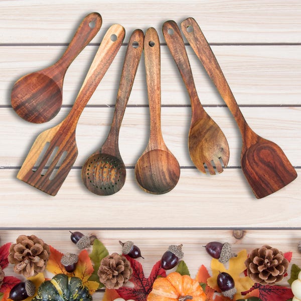Juego de utensilios de madera de teca natural, herramientas de cocina ecológicas de 6 piezas, regalo ideal para chefs, cucharas y espátulas