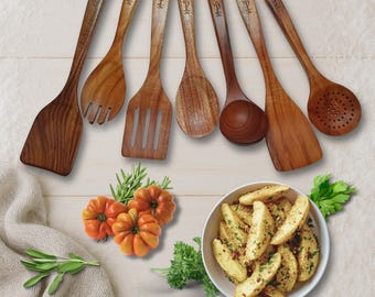 Natural Teak Wood Utensil Set – Eco-Friendly 7 Piece Kitchen Tools, Great Gift for Chef, Teakwood, no Lacquer or Varnish