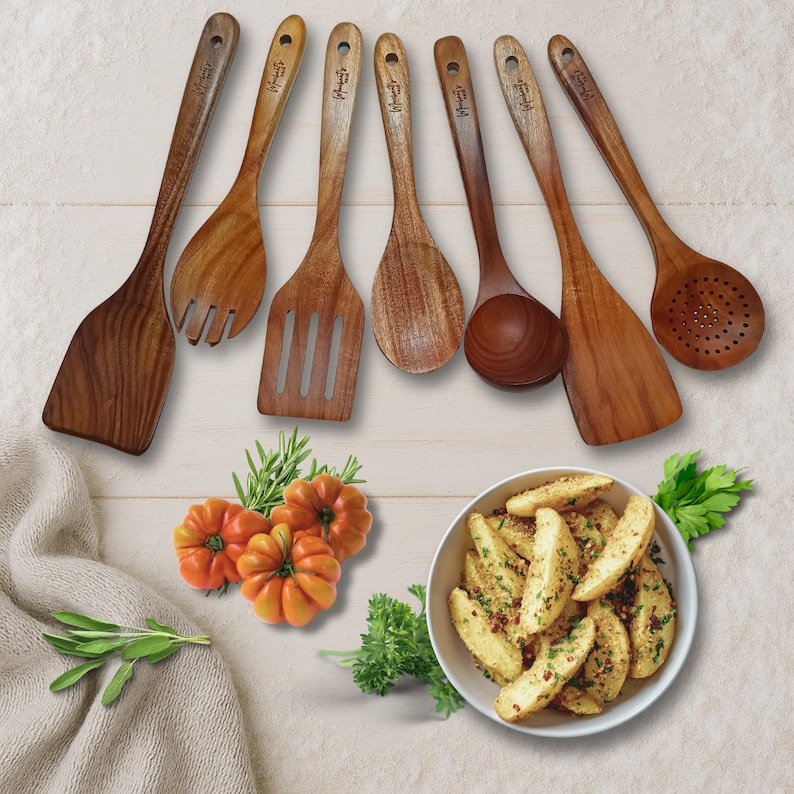 Natural Teak Wood Utensil Set – Eco-Friendly 7 Piece Kitchen Tools, Great Gift for Chef, Teakwood