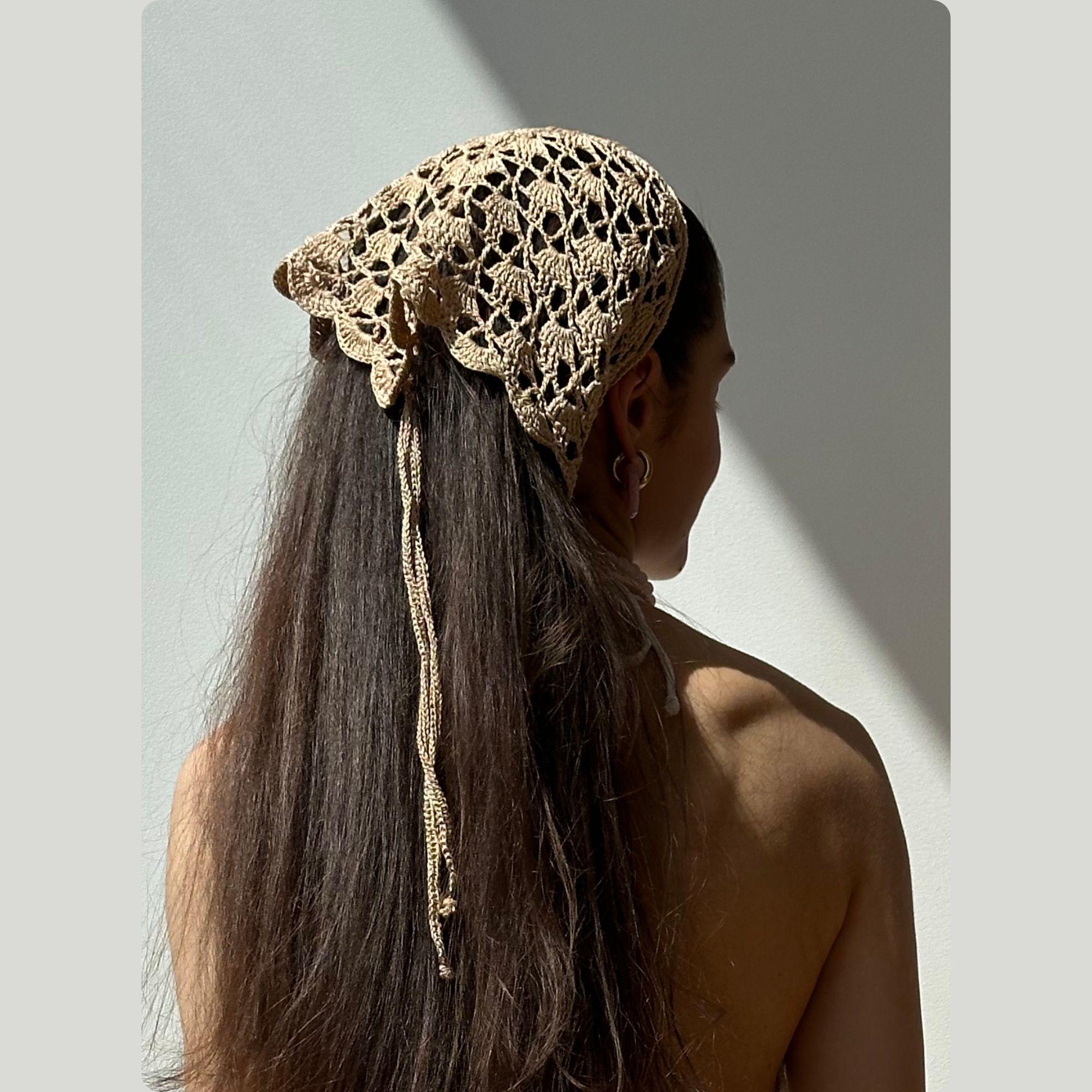 Women Cotton Triangle Head Scarf Handmade Crochet Hair Bandanas for Summer Cotton Crochet Bandana Handmade Triangle Headscarf  main image 4