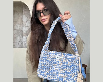 Handcrafted Medium Flat Shoulder Bag with Floral Pendants, Blue and Beige – Versatile Boho Chic Accessory