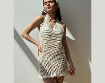 Crochet Beach Cover-Up Dress – Mesh Backless Dress with Headscarf, Boho Resort Wear, Summer Tunic