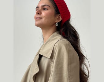 Red Retro Knit Bonnet – Wool Winter Hat with Ties, Vintage Cottage Core Headwear, Handmade Warm Bonnet (6 Colors)