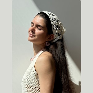 Cream Crochet Headscarf – Cotton Triangle Bandana for Women, Boho Summer Hair Wrap, Handmade Mesh Head Covering (7 Colors)