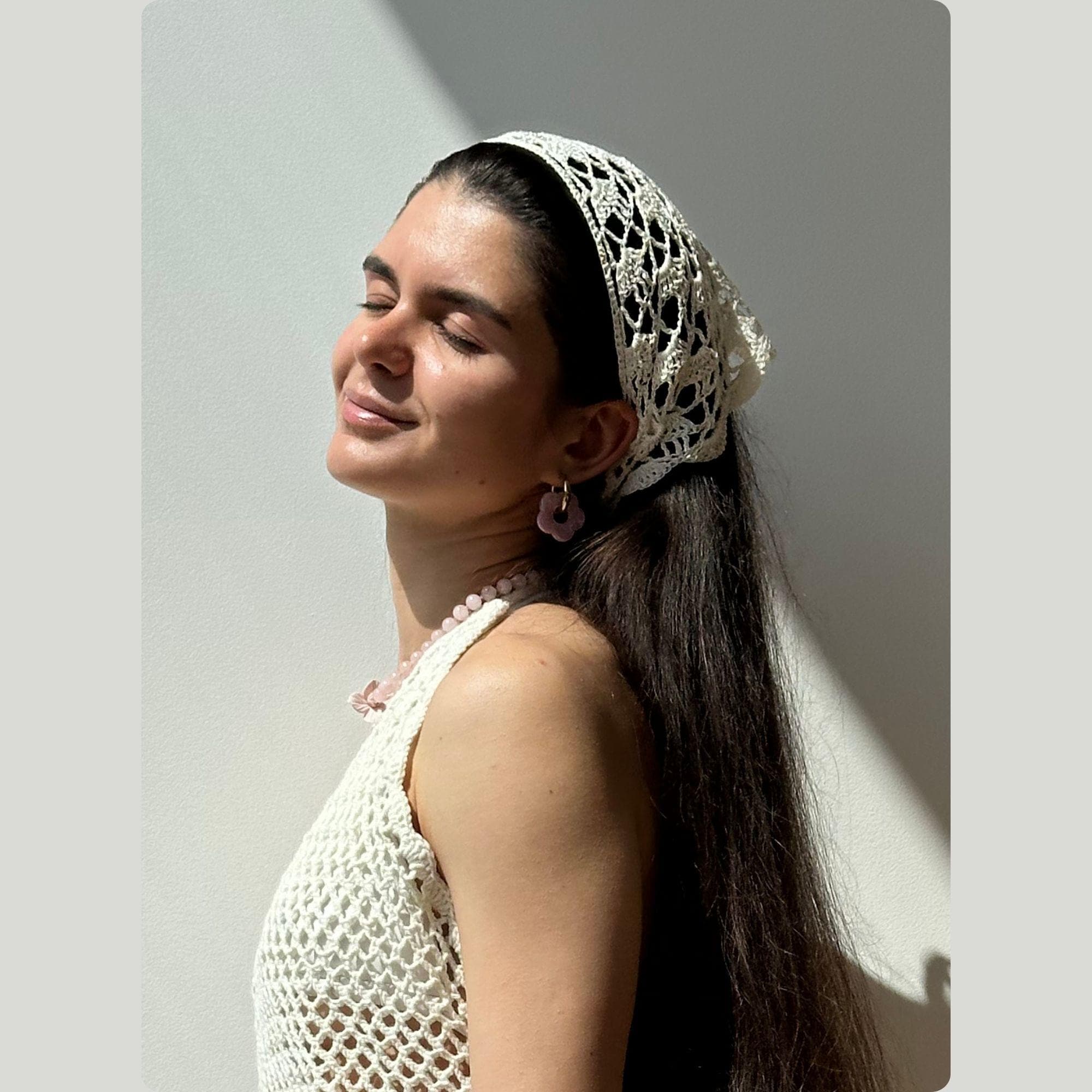 Cream Crochet Headscarf – Cotton Triangle Bandana for Women  display picture 1