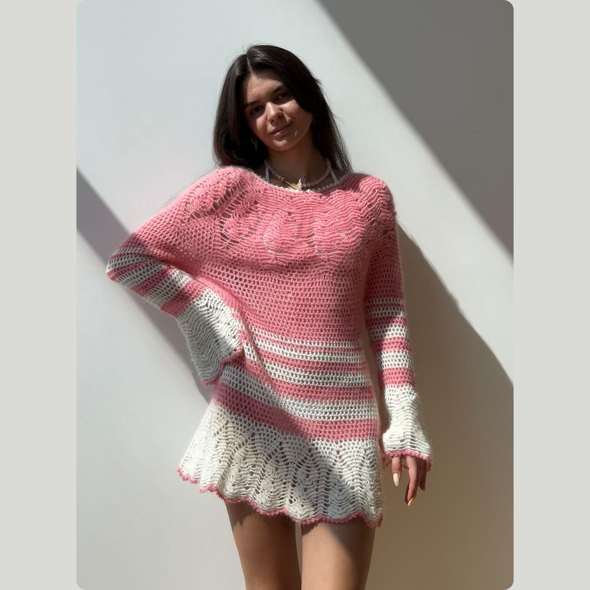 open lace back dress 1970s Metallic Pink Knit & Crochet Sweater Dress main image 0