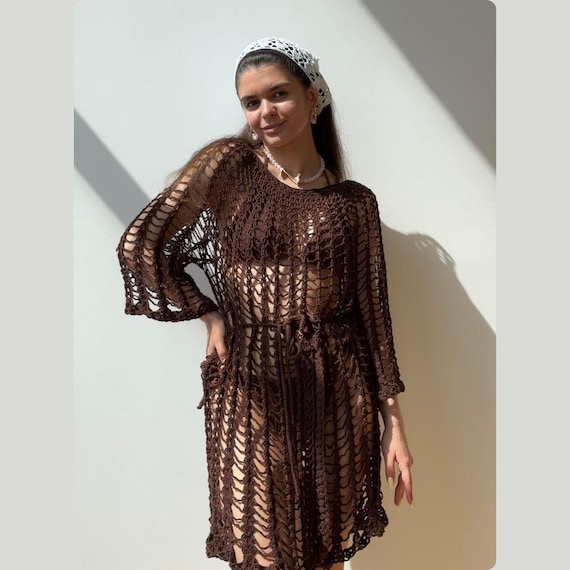 Mesh Dress Cover-Up - Chocolate Brown Crochet Tunic with Front Slit, Boatneck, Below-Elbow Sleeves, Optional White Kerchief