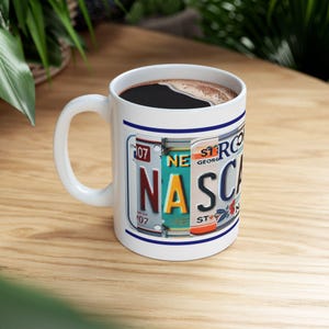 NASCAR CUP Ceramic Mug, Vintage License Plate Vibe, Bold Bright Colors, Coffee Cup, Hot Beverage Mug, Gift Idea for NASCAR Racing Fans