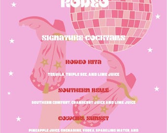 Bachelorette/ Hen party, last rodeo, cocktail drinks menu, editable template