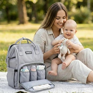 Large Grey Nappy Bag Backpack - Waterproof with Changing Mat, Insulated Pockets, Stroller Straps for Mum & Dad