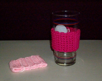 2 Glass, Can or to-go Cup Cozy- RASPBERRY and PINK