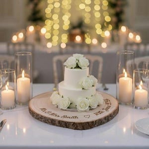 May include: A two-tiered white wedding cake decorated with white roses, presented on a rustic wooden slab. The slab is engraved with text and a heart. Lit candles in glass cylinders surround the cake on a white tablecloth.