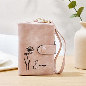 Tarjetero de cuero personalizado, regalo de cumpleaños para ella, regalo de dama de honor, regalo del Día de la Madre, cartera con flores de nacimiento personalizadas, regalo de aniversario.