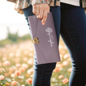 Personalized Bridesmaid Proposal Gift Custom Birth Flower Wallet with Name Birthday Gift for Her Mother's Birthday Gift PU Leather Wallet