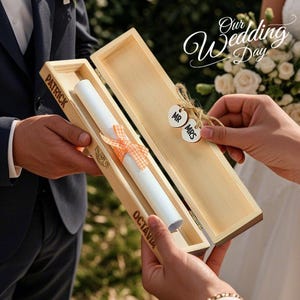 Titulaire du certificat de mariage, certificat de mariage personnalisé, boîte de rangement en bois avec breloques coeur de monsieur et madame, cadeau de mariage personnalisé pour couple