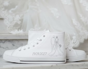 Custom Wedding High Top Sneakers, Personalized Wedding Couple Canvas Shoes, Bride Sneakers with Wedding Date & Couple Illustration