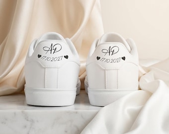 Wedding Date Sneakers, Personalized Initials Bridal Sneakers, Minimal Bride Shoes, Custom Wedding Day Shoes, Just Married Sneakers