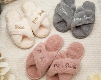 Chaussons De Mariée Personnalisés – Fourrure Douce Avec Nom – Cadeau Pour Demoiselle D'honneur, Mariage, Fête Des Mères