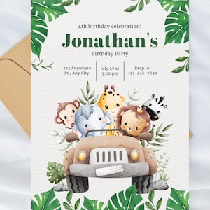 BIGLIETTO DIGITALE Compleanno SAFARI – Animali Carini per bimbi – modificabile su Canva