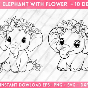 May include: Two black and white line drawings of baby elephants wearing flower crowns. The elephants are facing forward and have their trunks up. The elephants are sitting on a white background.