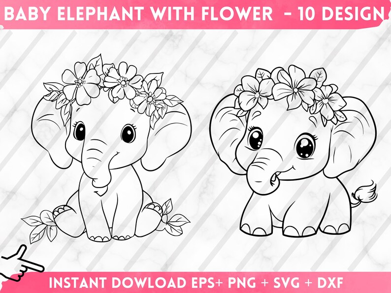 May include: Two black and white line drawings of baby elephants wearing flower crowns. The elephants are facing forward and have their trunks up. The elephants are sitting on a white background.