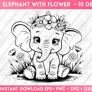 May include: A black and white line drawing of a baby elephant wearing a flower crown and sitting in a field of flowers.