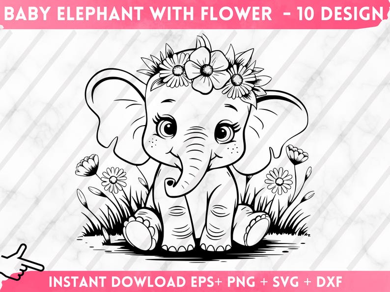 May include: A black and white line drawing of a baby elephant wearing a flower crown and sitting in a field of flowers.