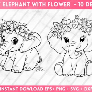 May include: Two black and white line drawings of baby elephants wearing flower crowns. The elephants are sitting with their legs crossed and have big eyes and a smile. The flower crowns are made of simple flowers and leaves.